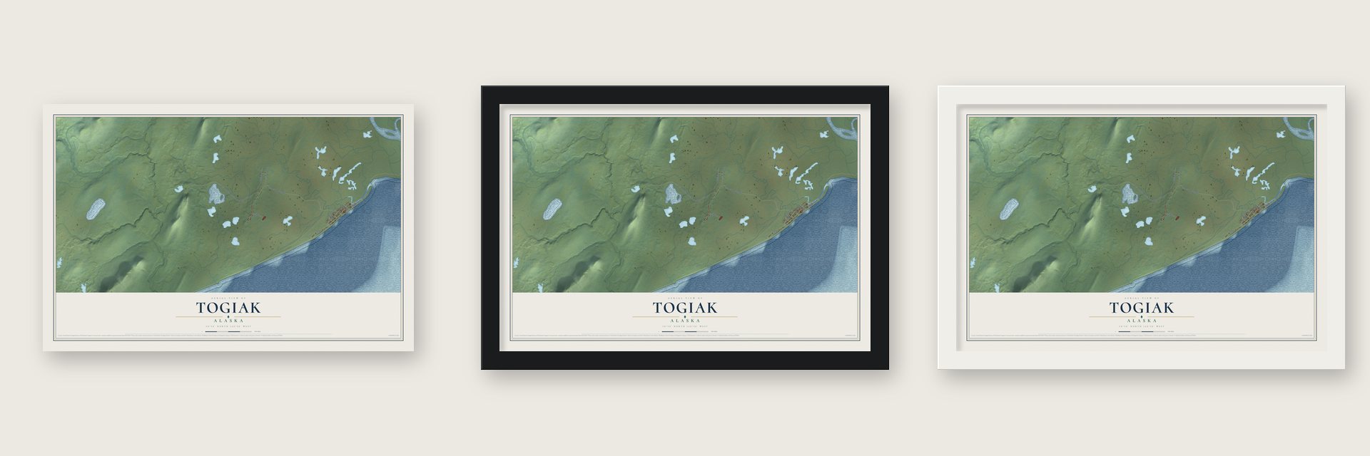 Togiak, Alaska map unframed, in a black wood frame and in a white wood frame