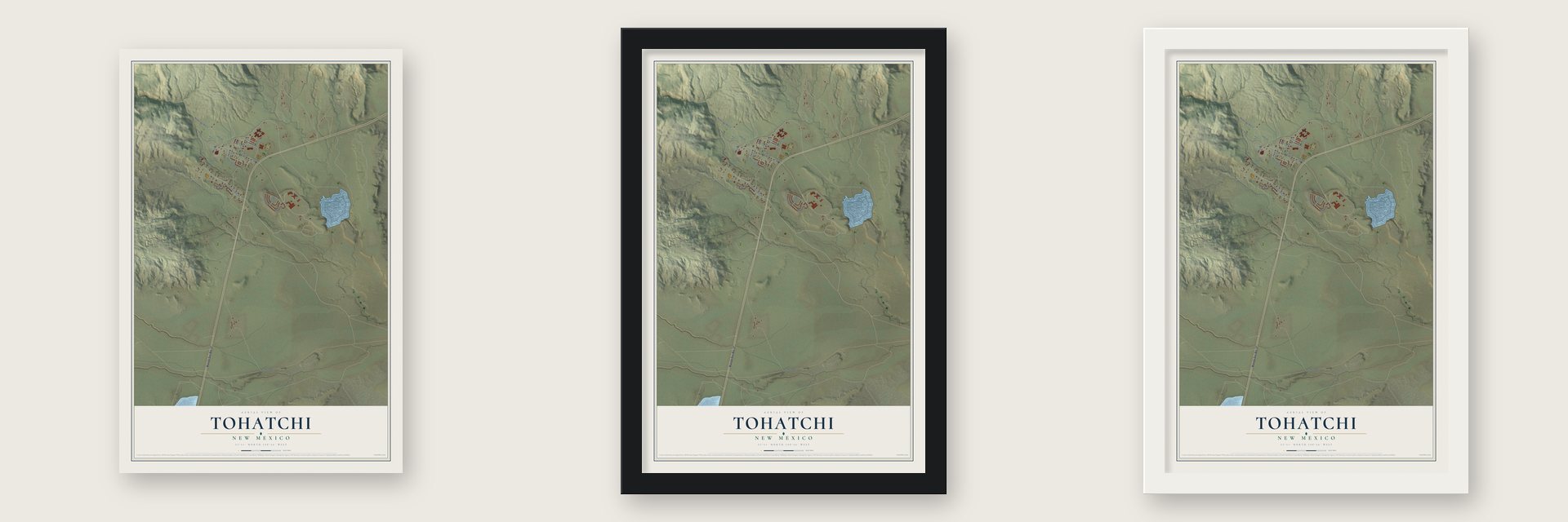 Tohatchi, New Mexico map unframed, in a black wood frame and in a white wood frame
