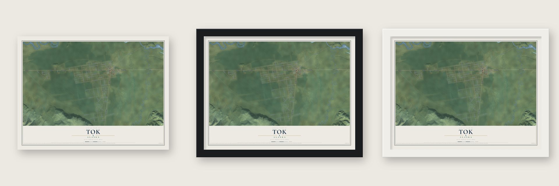 Tok, Alaska map unframed, in a black wood frame and in a white wood frame