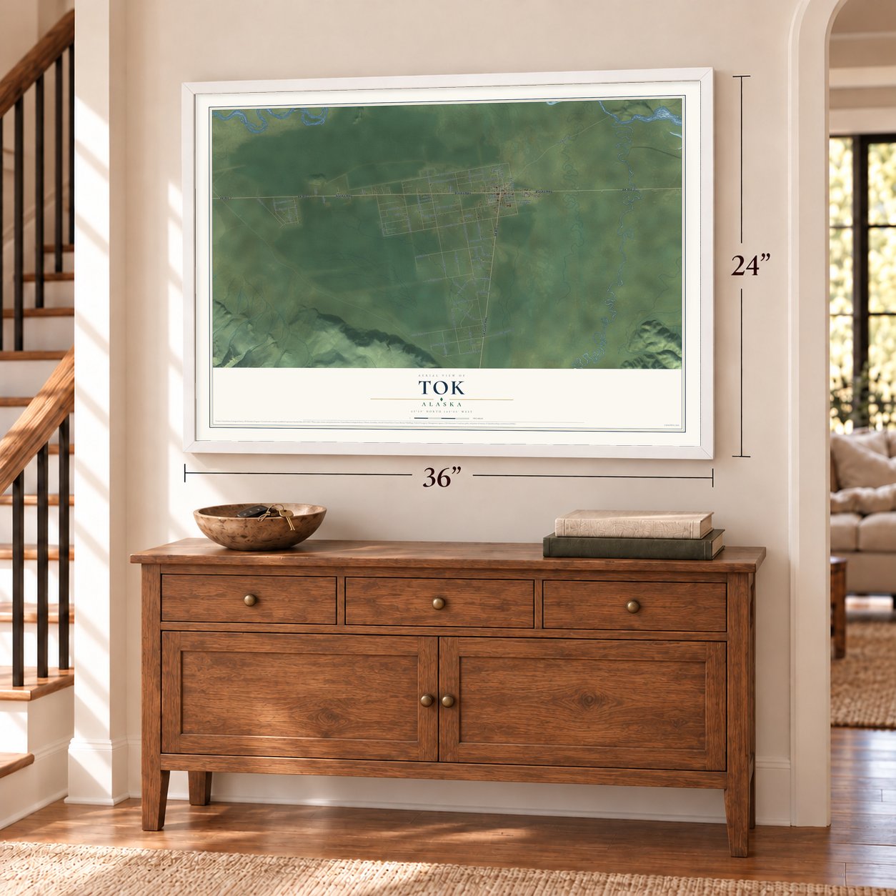 Tok, Alaska map, 24 x 36 inch print in a white frame above a dresser by a staircase