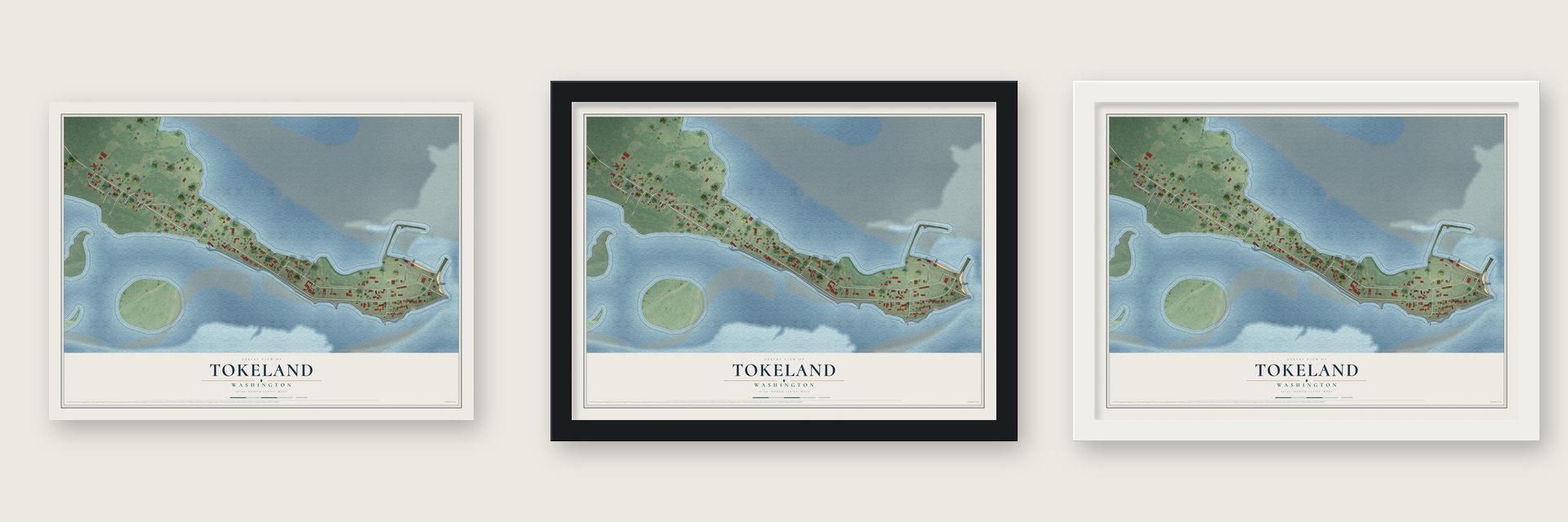 Tokeland, Washington map unframed, in a black wood frame and in a white wood frame