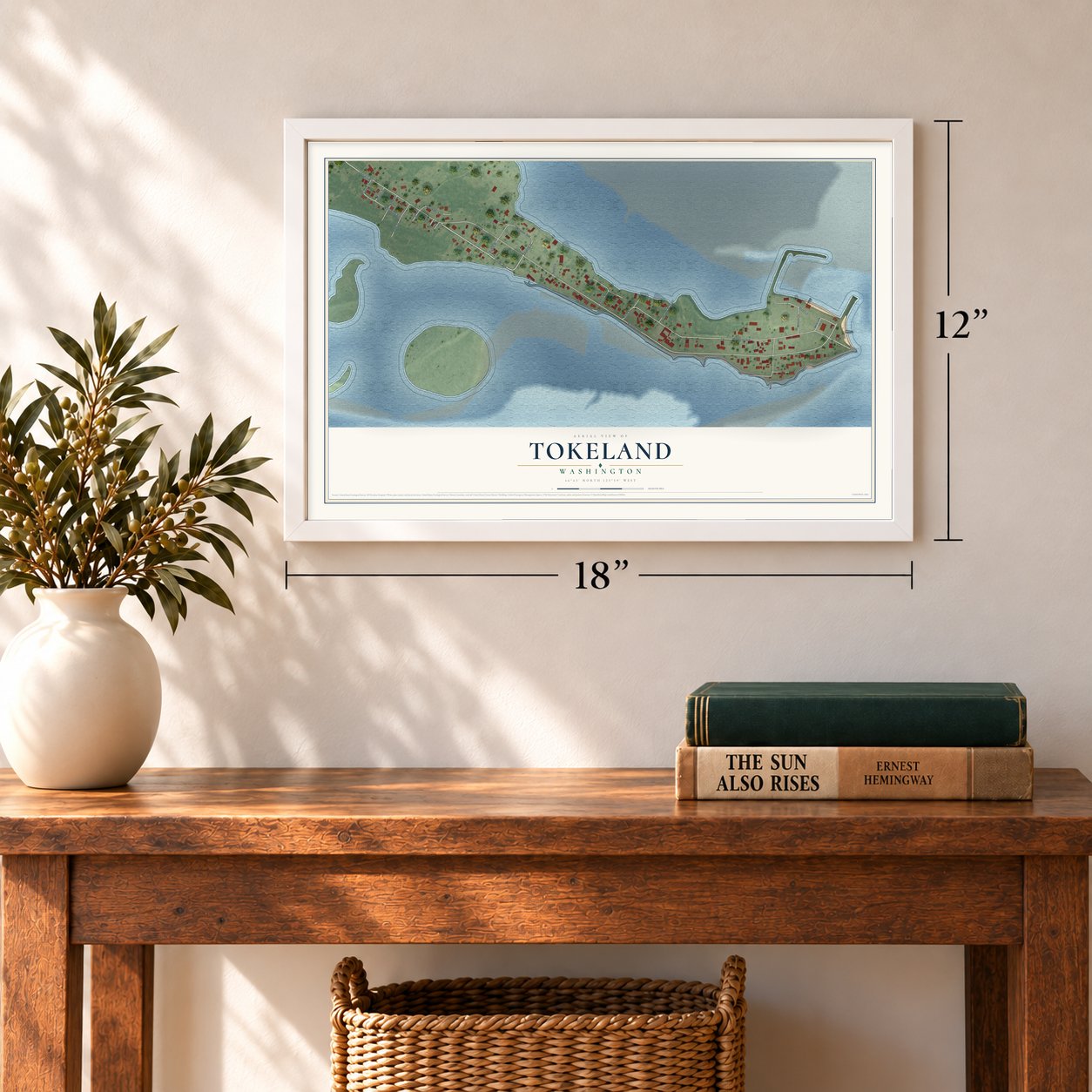 Tokeland, Washington map, 12 x 18 inch print in a white frame in an entryway