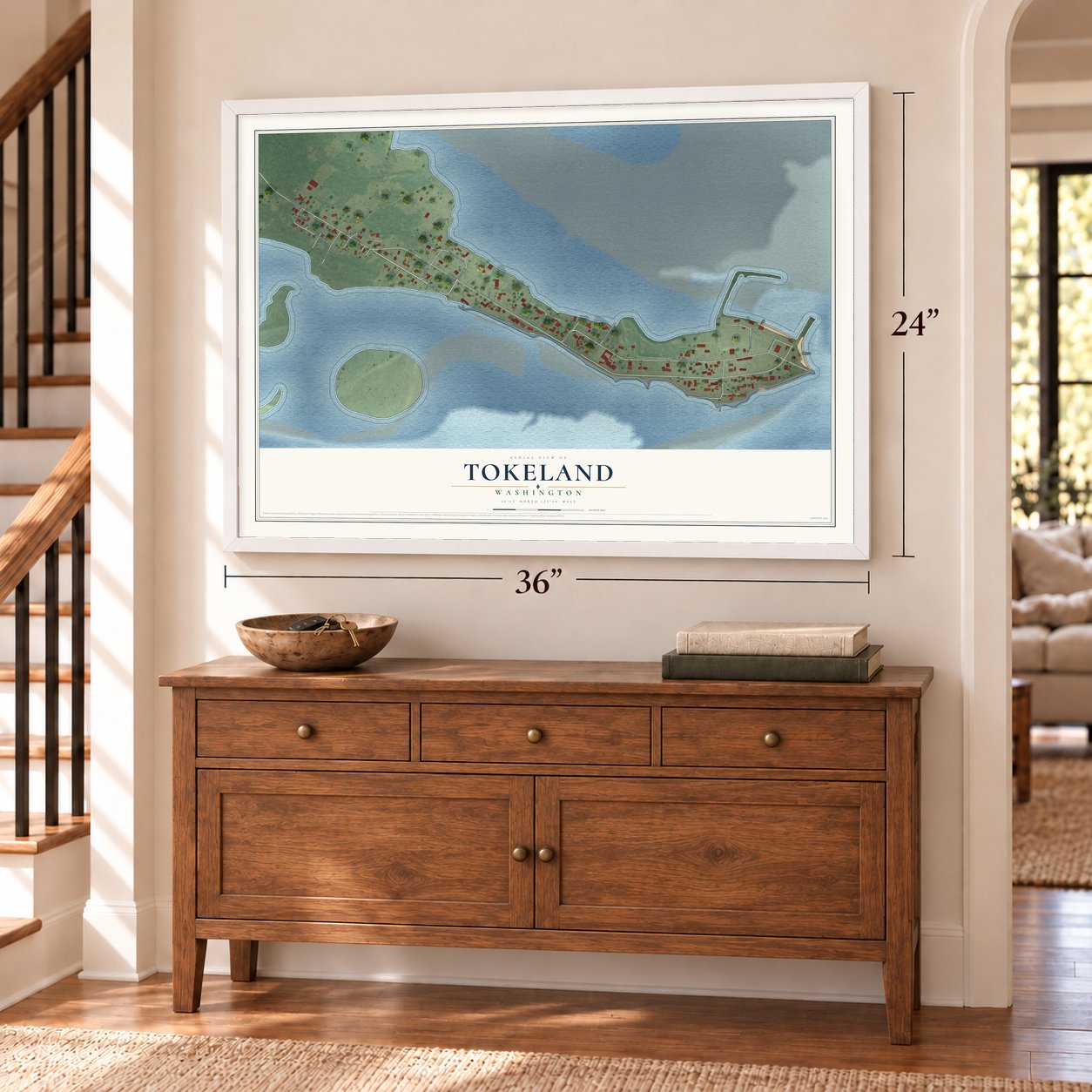 Tokeland, Washington map, 24 x 36 inch print in a white frame above a dresser by a staircase