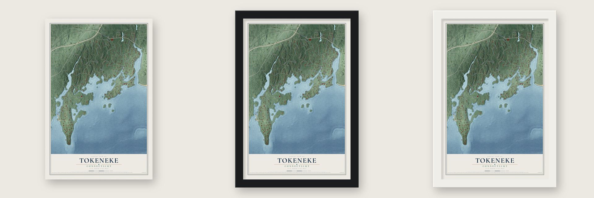 Tokeneke, Connecticut map unframed, in a black wood frame and in a white wood frame