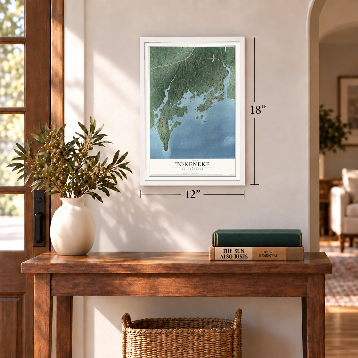 Tokeneke, Connecticut map, 12 x 18 inch print in a white frame in an entryway