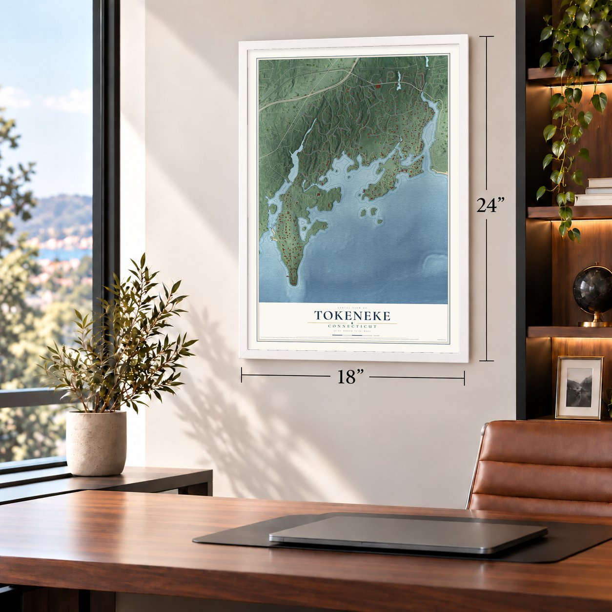 Tokeneke, Connecticut map, 18 x 24 inch print in a white frame in a home office