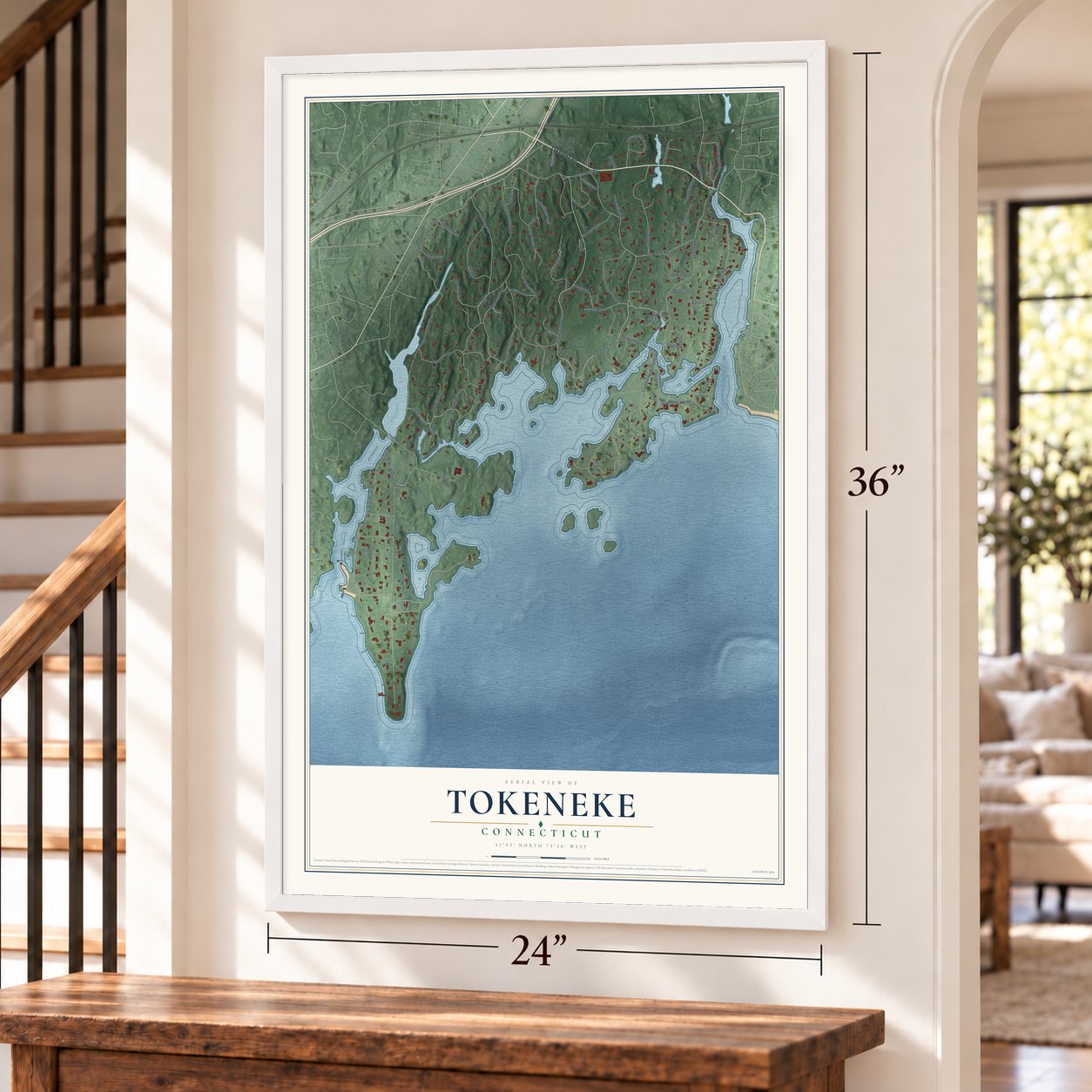 Tokeneke, Connecticut map, 24 x 36 inch print in a white frame by a staircase