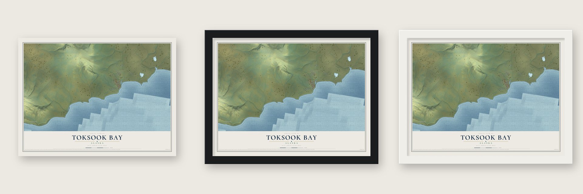 Toksook Bay, Alaska map unframed, in a black wood frame and in a white wood frame