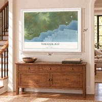 Toksook Bay, Alaska map, 24 x 36 inch print in a white frame above a dresser by a staircase