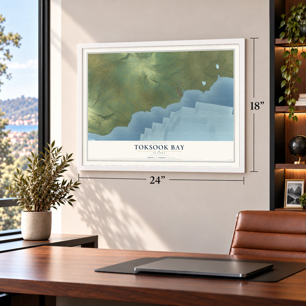 Toksook Bay, Alaska map, 18 x 24 inch print in a white frame in a home office