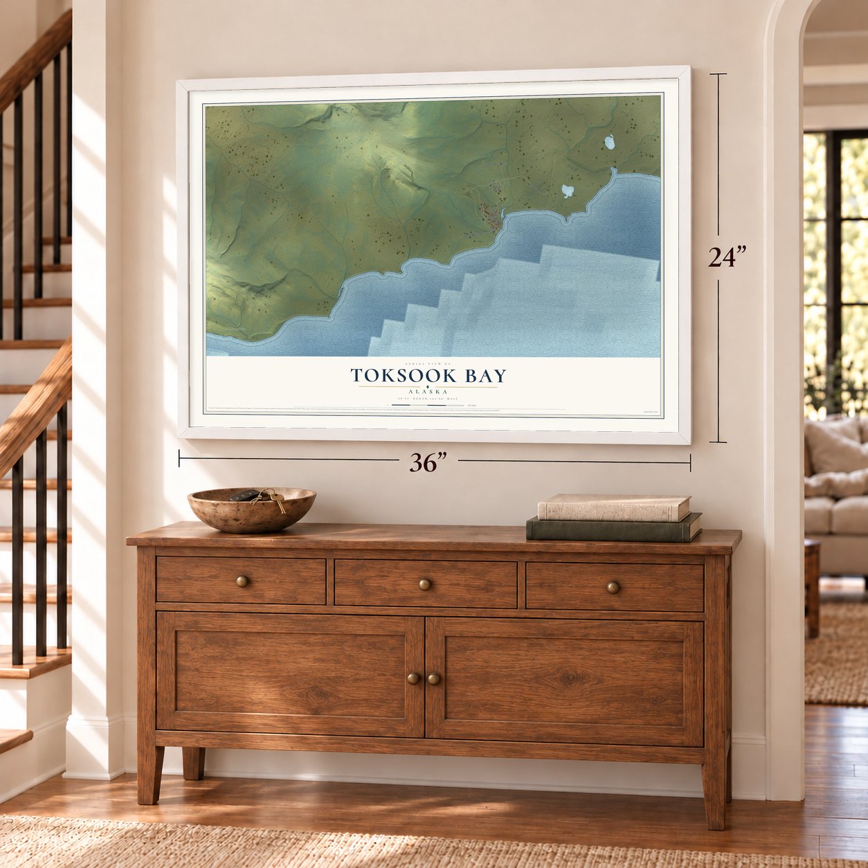 Toksook Bay, Alaska map, 24 x 36 inch print in a white frame above a dresser by a staircase
