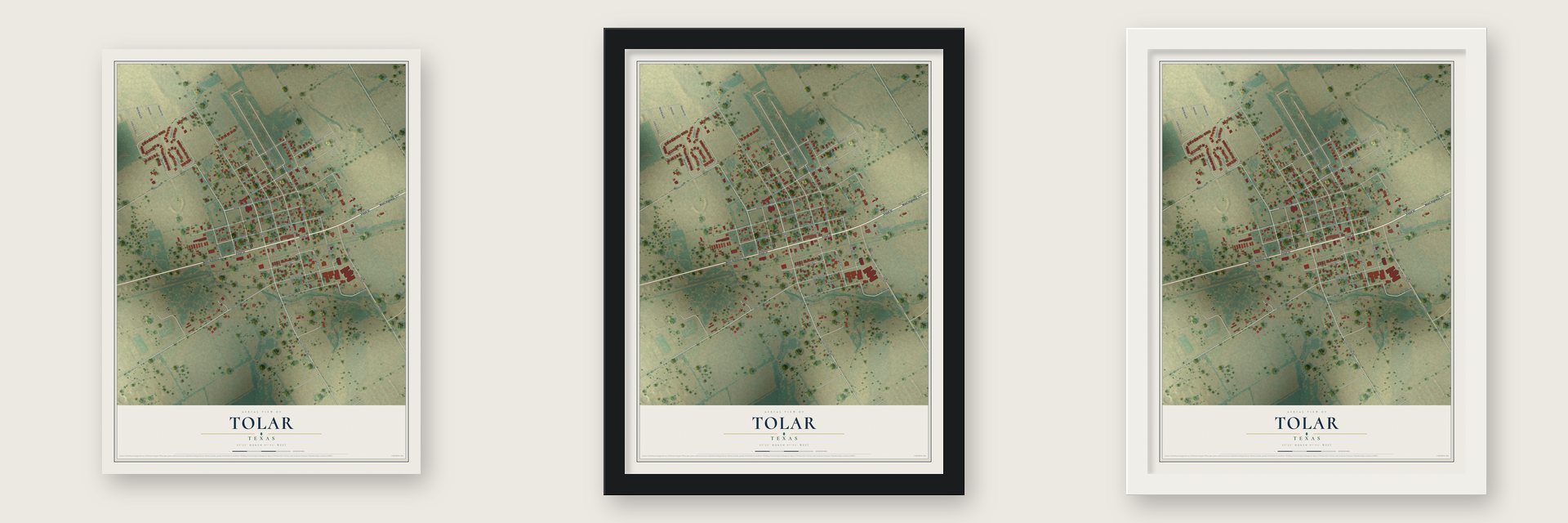 Tolar, Texas map unframed, in a black wood frame and in a white wood frame