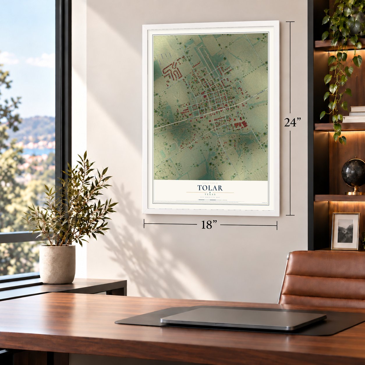 Tolar, Texas map, 18 x 24 inch print in a white frame in a home office