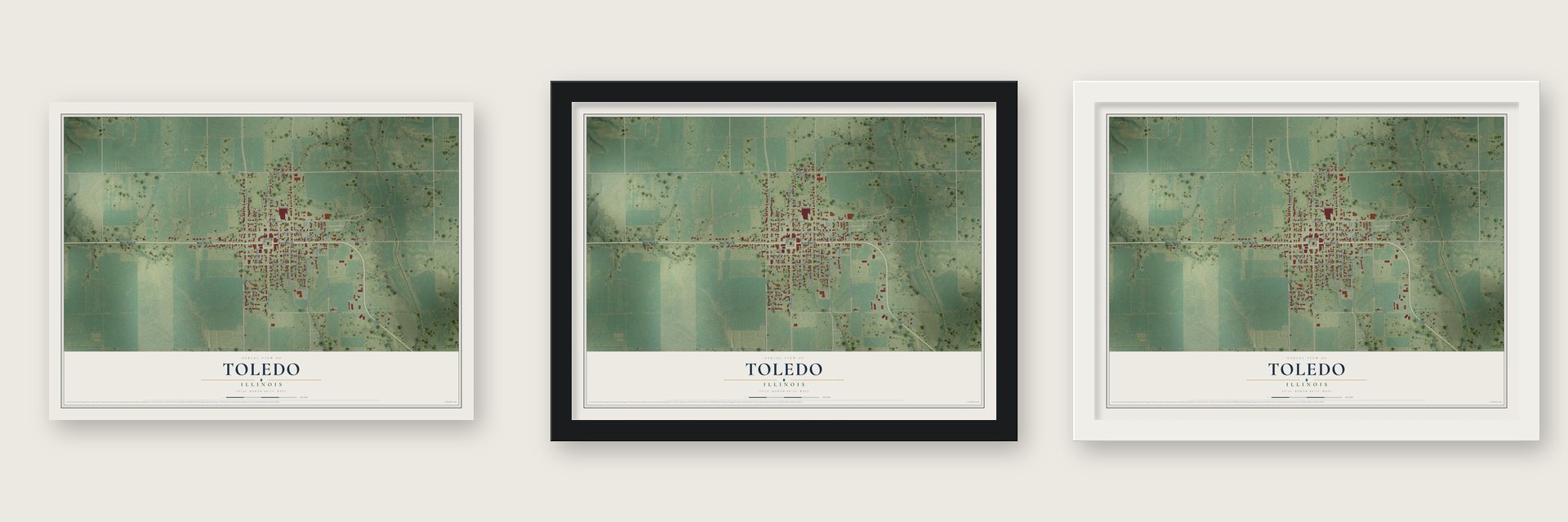 Toledo, Illinois map unframed, in a black wood frame and in a white wood frame