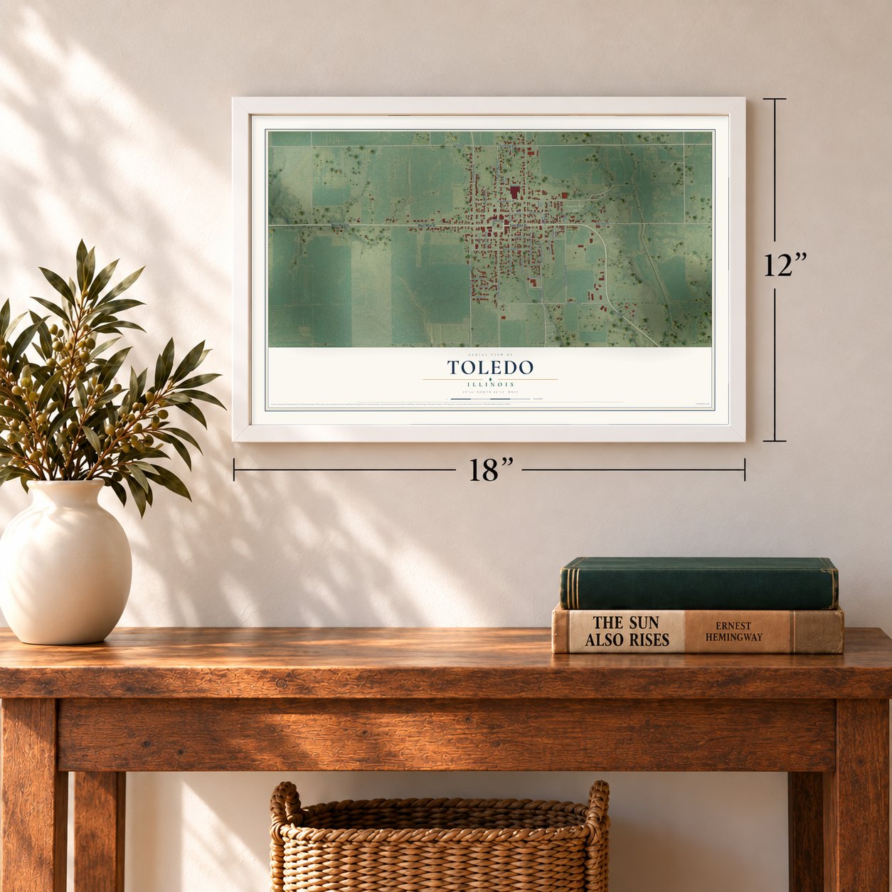 Toledo, Illinois map, 12 x 18 inch print in a white frame in an entryway