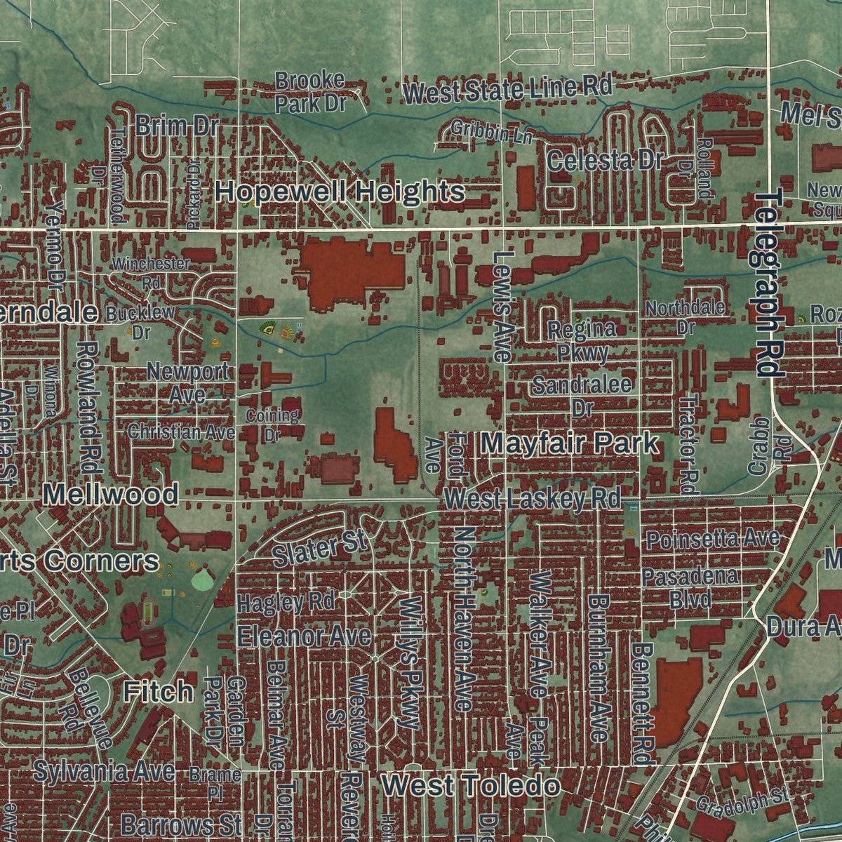 Second close-up of the map of Toledo, Ohio print showing more streets and buildings