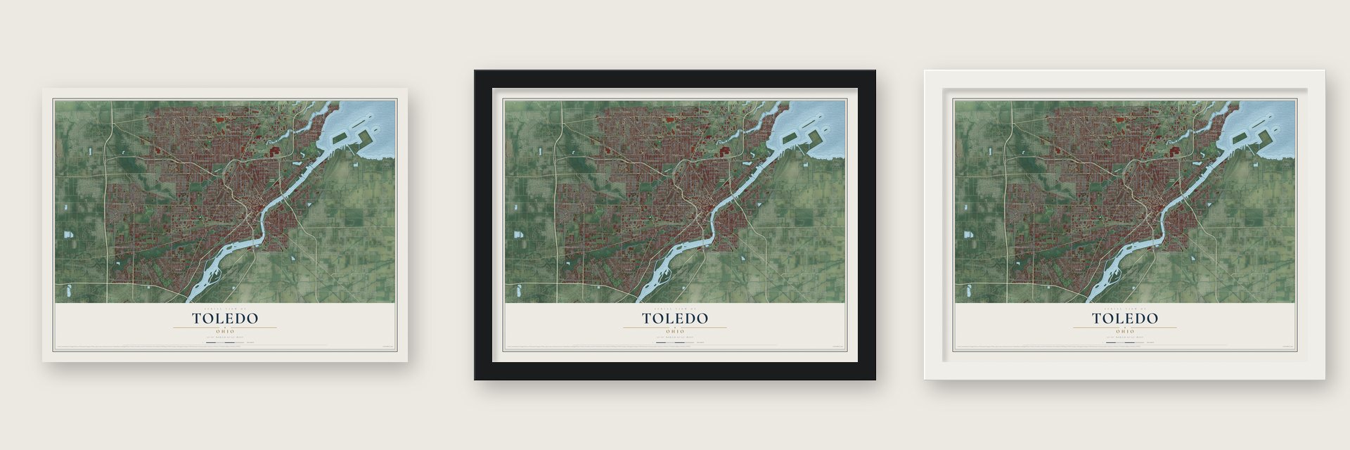 Toledo, Ohio map unframed, in a black wood frame and in a white wood frame