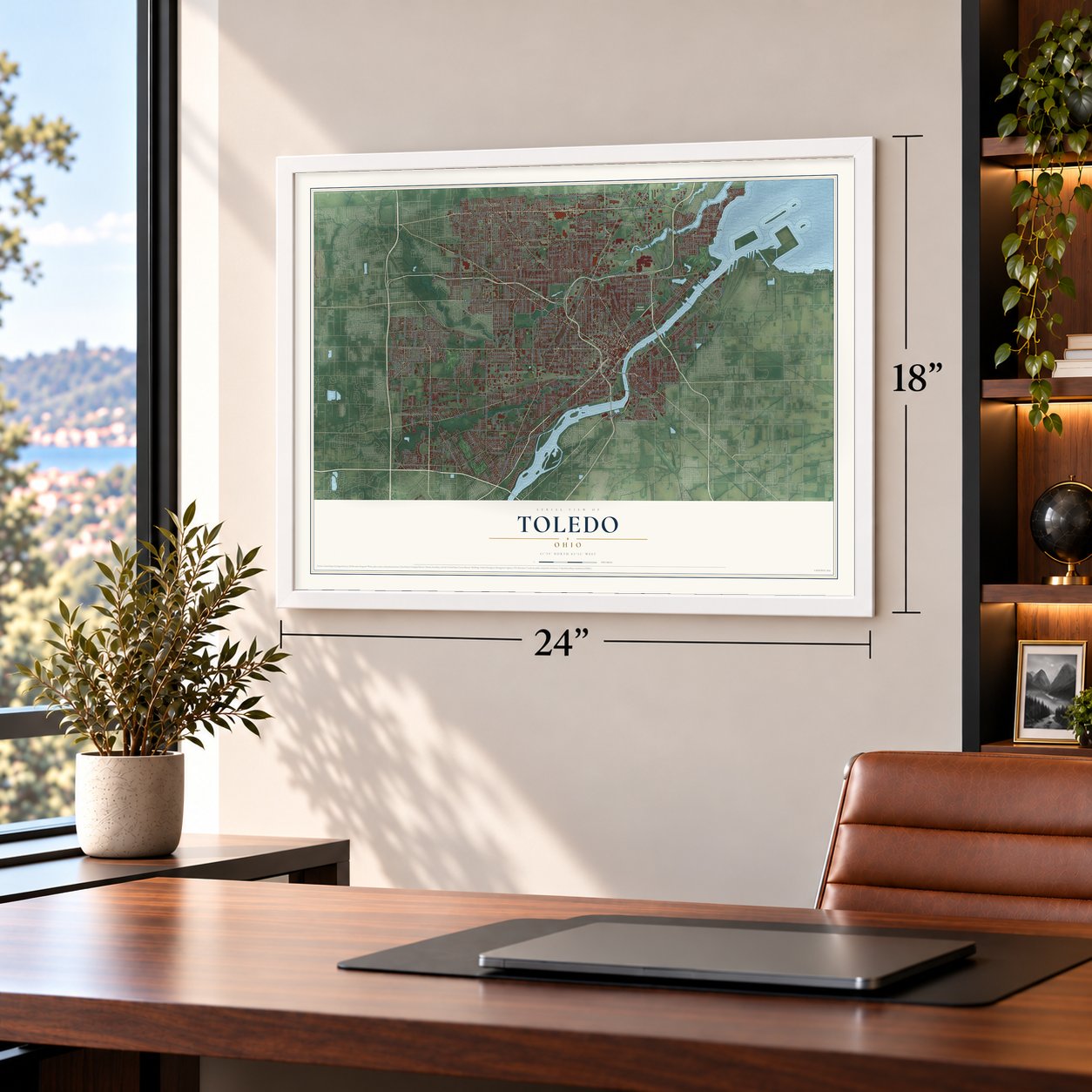 Toledo, Ohio map, 18 x 24 inch print in a white frame in a home office