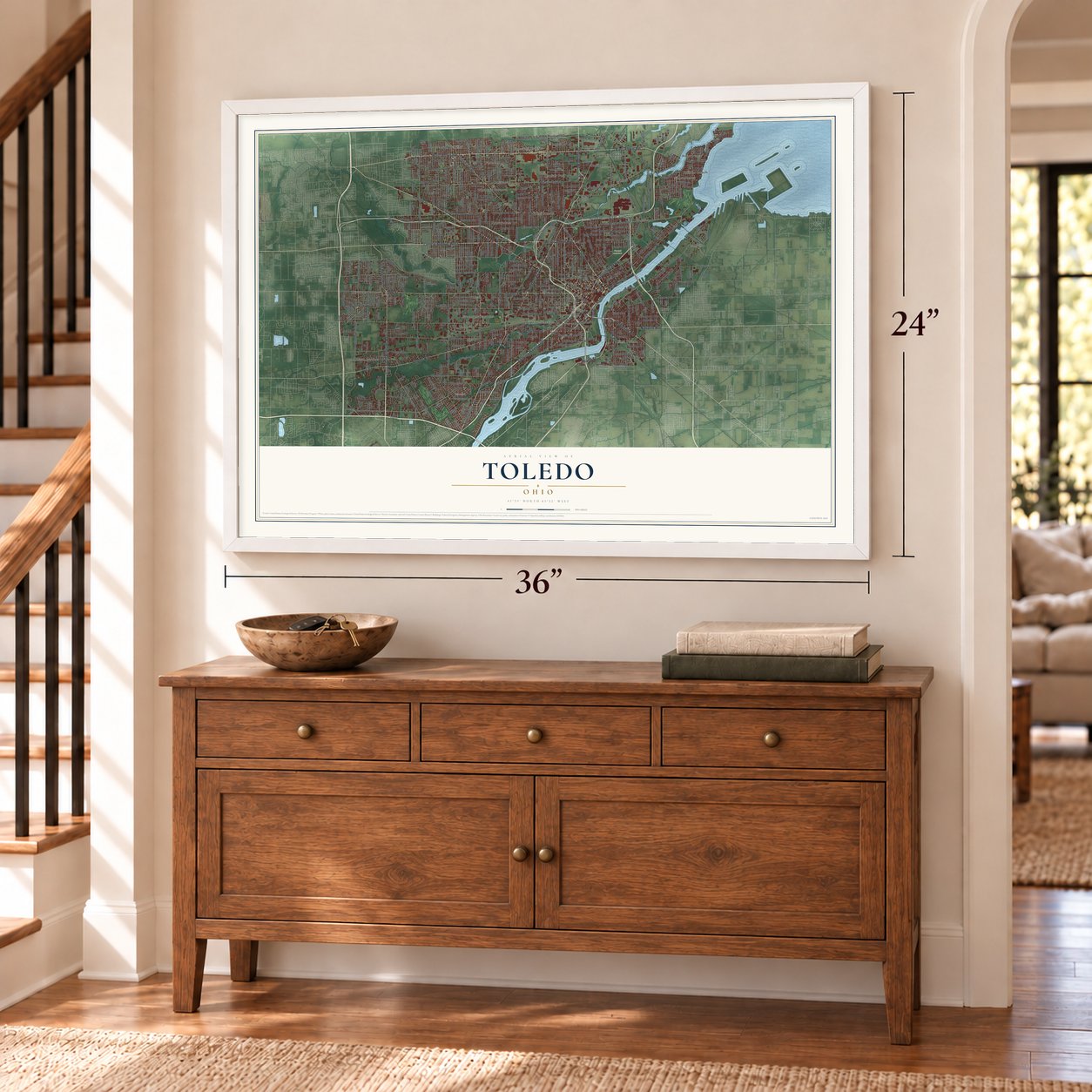 Toledo, Ohio map, 24 x 36 inch print in a white frame above a dresser by a staircase