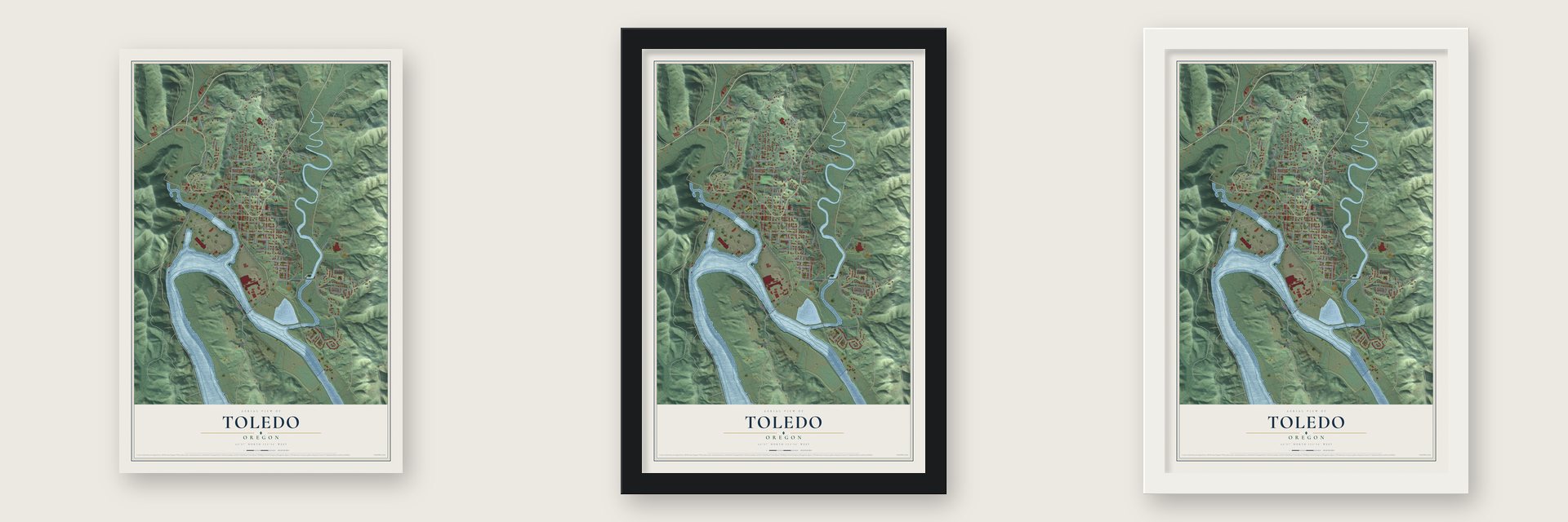 Toledo, Oregon map unframed, in a black wood frame and in a white wood frame