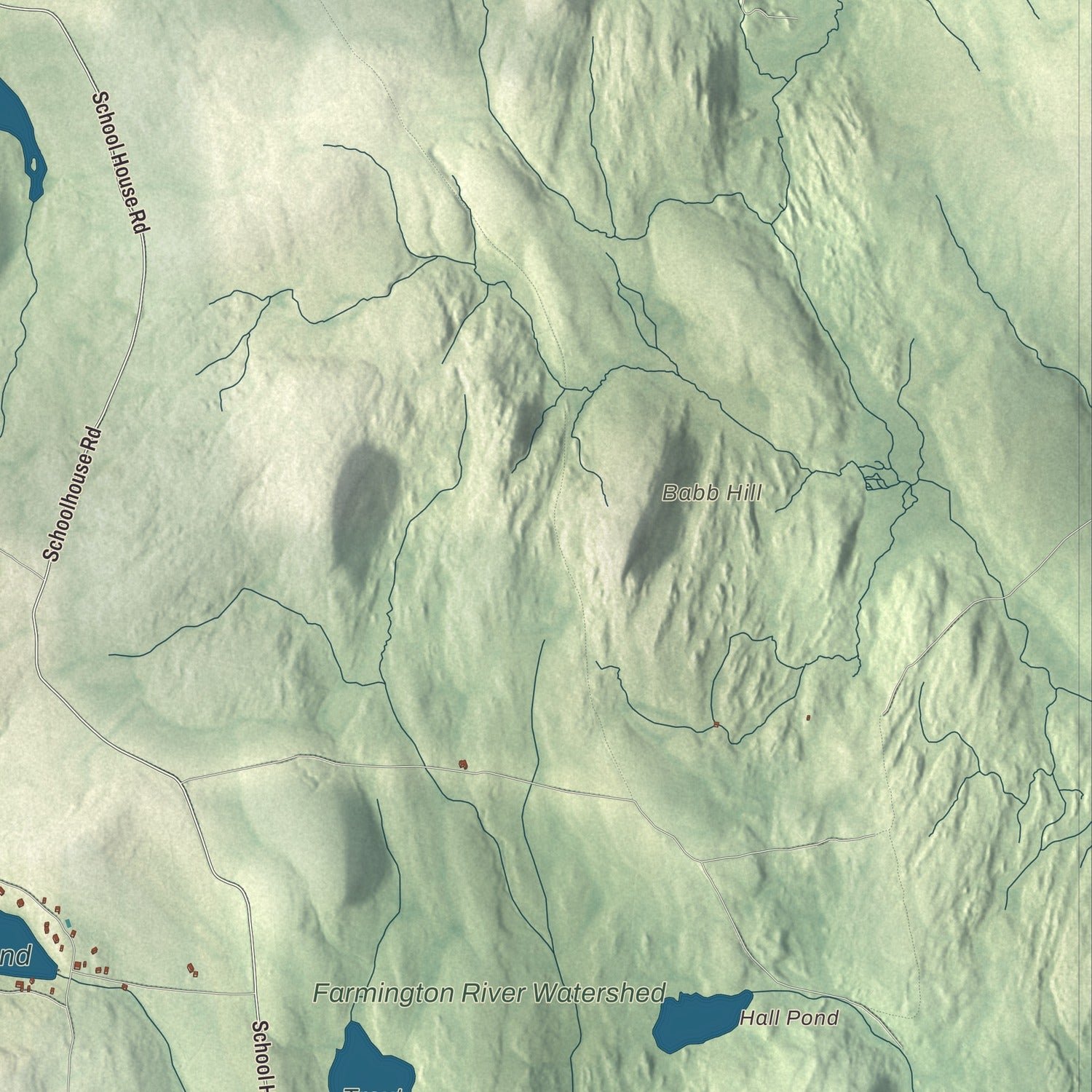 Close-up of the map of Tolland, Massachusetts print showing terrain and local geography