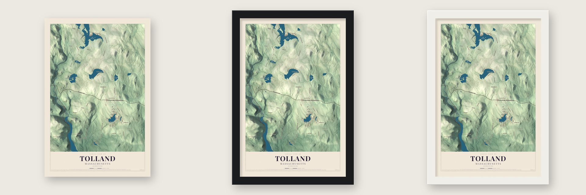 Tolland, Massachusetts map unframed, in a black wood frame and in a white wood frame