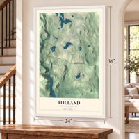 Tolland, Massachusetts map, 24 x 36 inch print in a white frame by a staircase