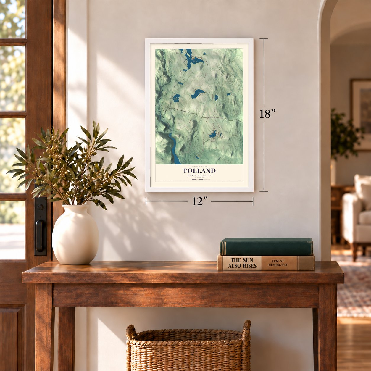 Tolland, Massachusetts map, 12 x 18 inch print in a white frame in an entryway