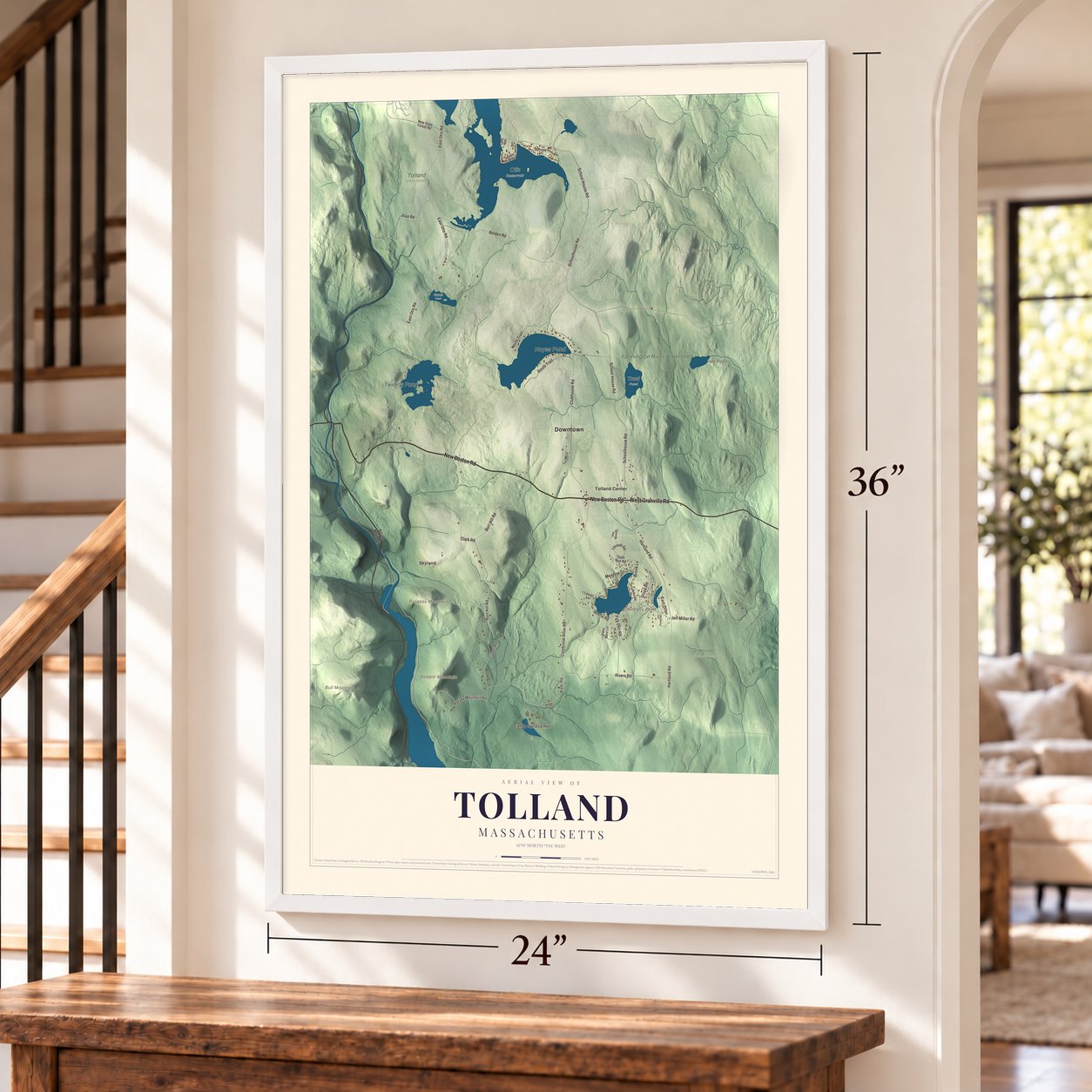 Tolland, Massachusetts map, 24 x 36 inch print in a white frame by a staircase