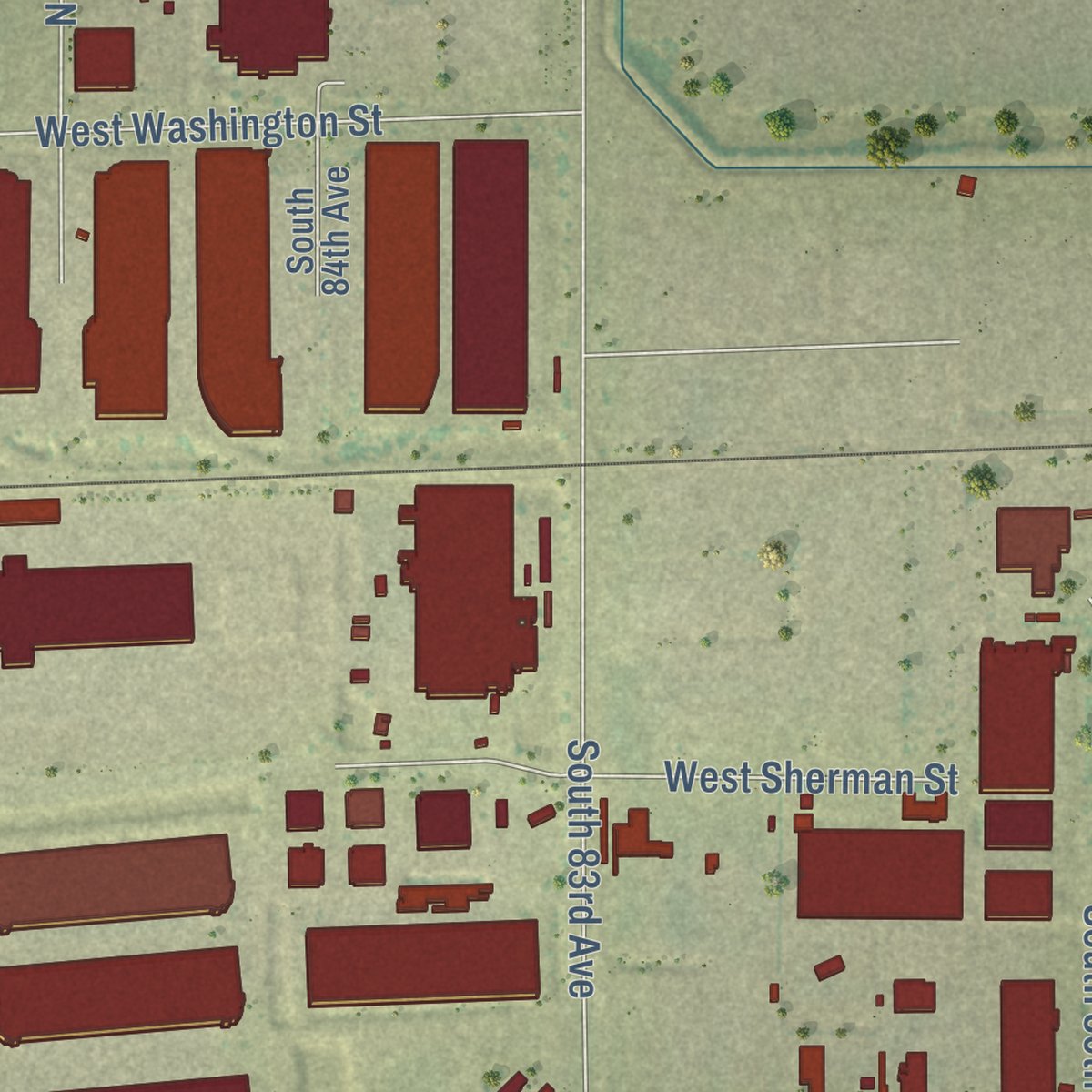 Second close-up of the map of Tolleson, Arizona print showing more streets and buildings