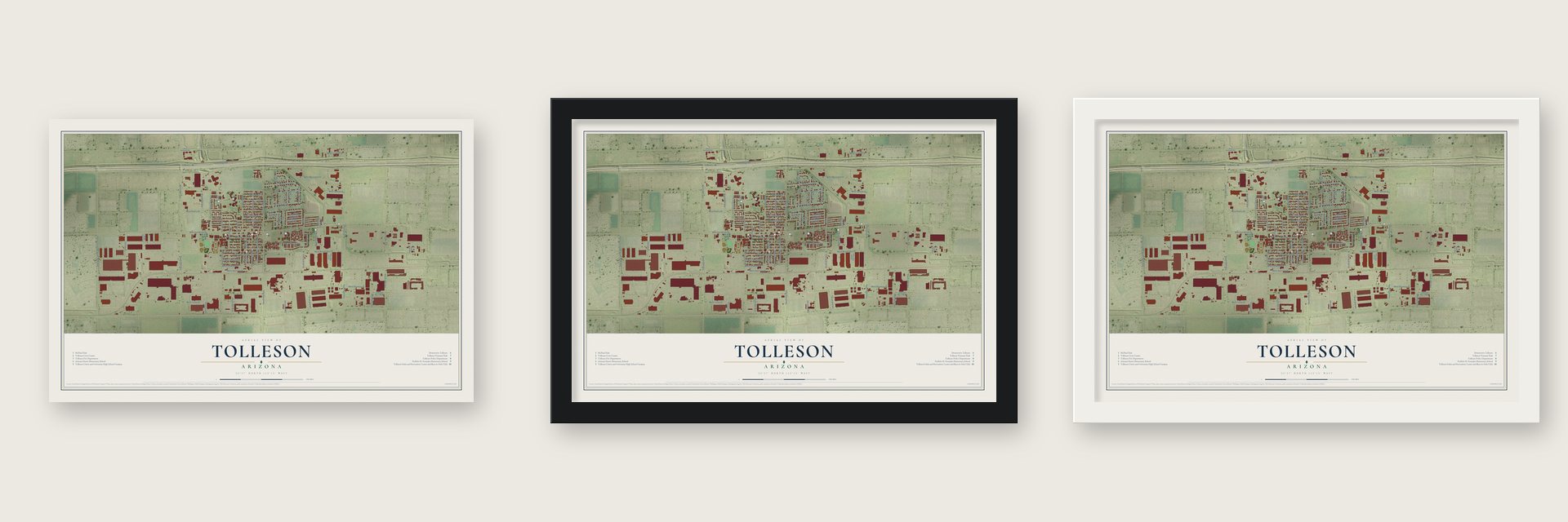 Tolleson, Arizona map unframed, in a black wood frame and in a white wood frame