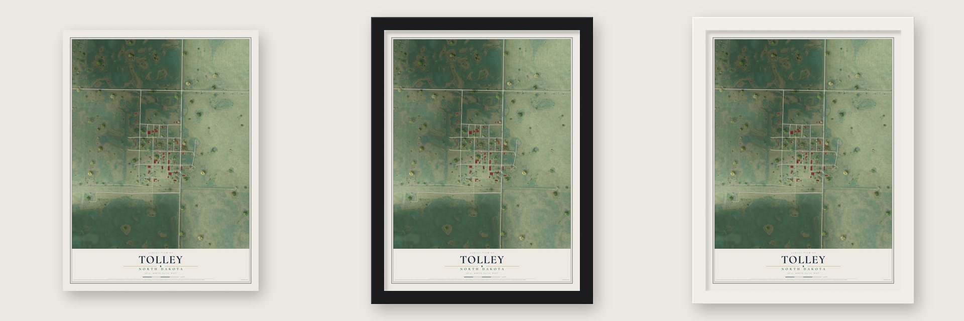 Tolley, North Dakota map unframed, in a black wood frame and in a white wood frame