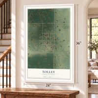 Tolley, North Dakota map, 24 x 36 inch print in a white frame by a staircase