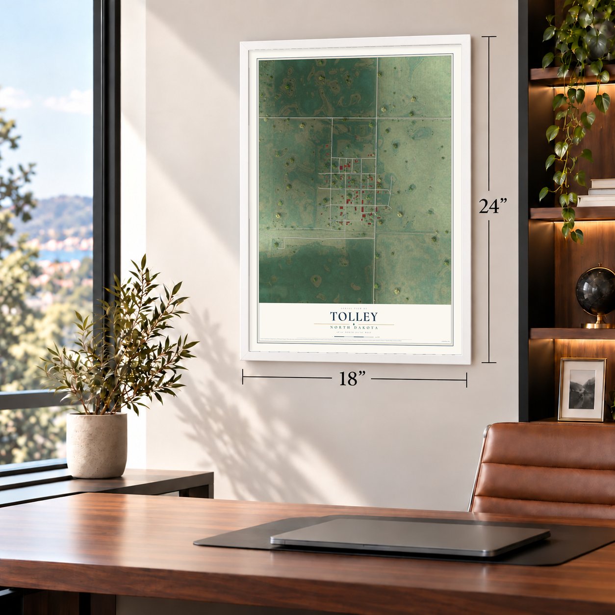 Tolley, North Dakota map, 18 x 24 inch print in a white frame in a home office