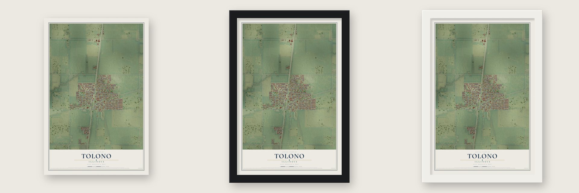 Tolono, Illinois map unframed, in a black wood frame and in a white wood frame