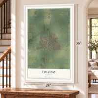 Tolono, Illinois map, 24 x 36 inch print in a white frame by a staircase