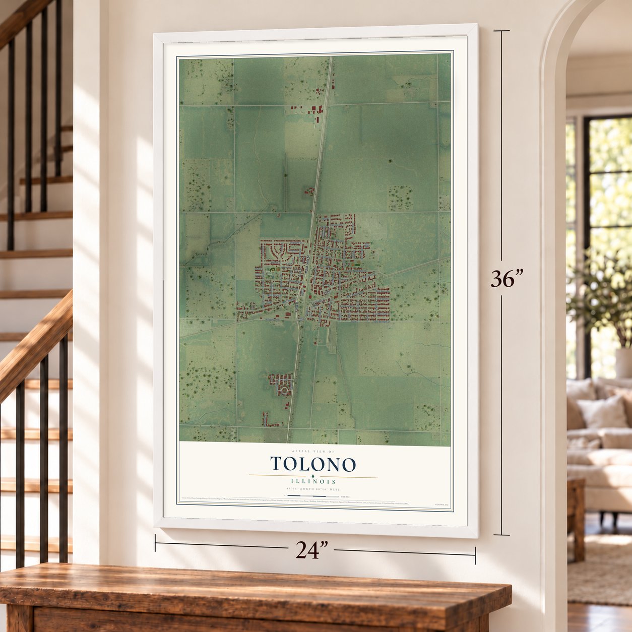 Tolono, Illinois map, 24 x 36 inch print in a white frame by a staircase