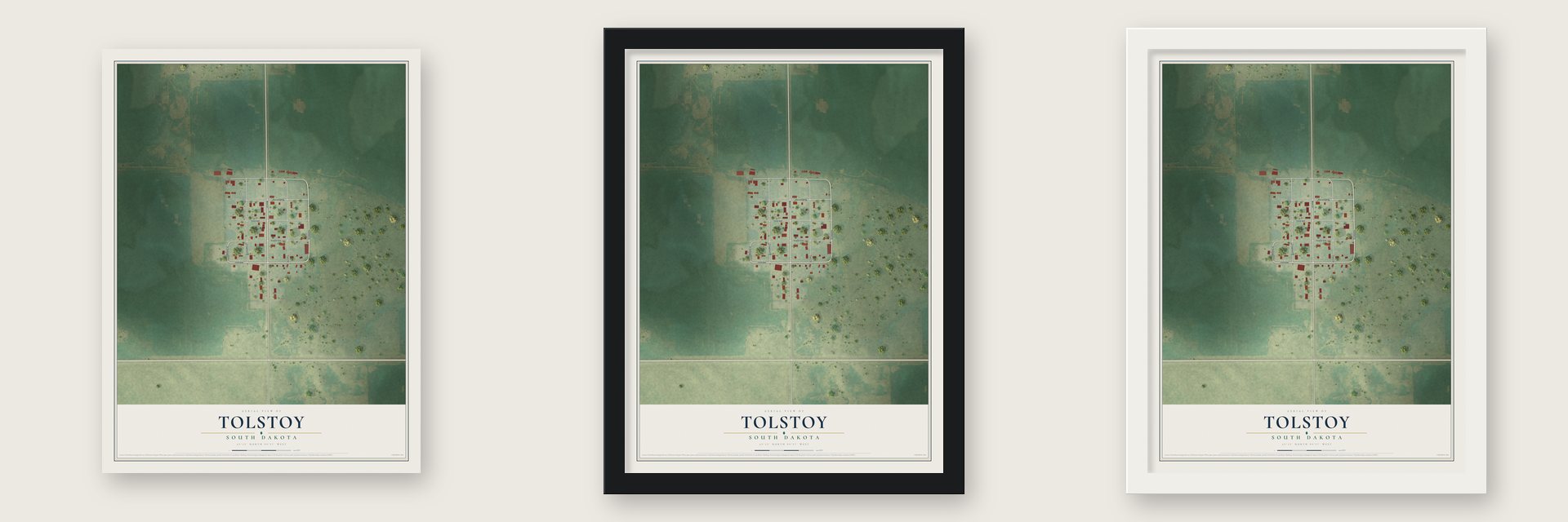 Tolstoy, South Dakota map unframed, in a black wood frame and in a white wood frame