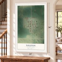 Tolstoy, South Dakota map, 24 x 36 inch print in a white frame by a staircase