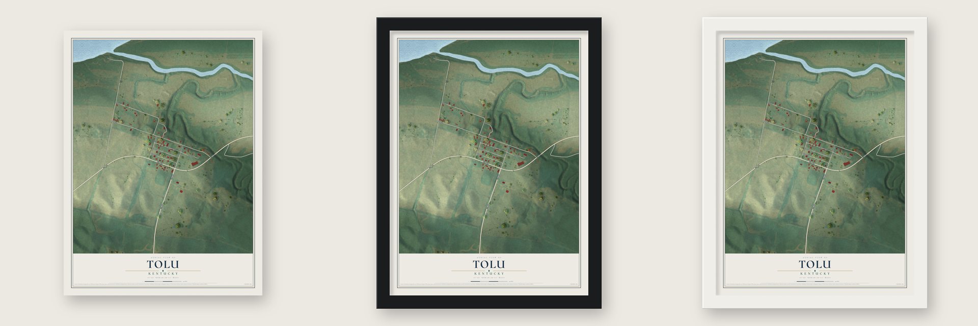 Tolu, Kentucky map unframed, in a black wood frame and in a white wood frame