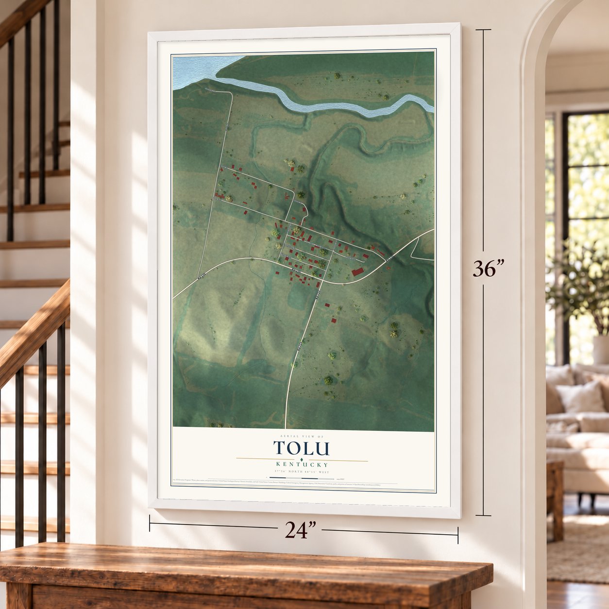 Tolu, Kentucky map, 24 x 36 inch print in a white frame by a staircase