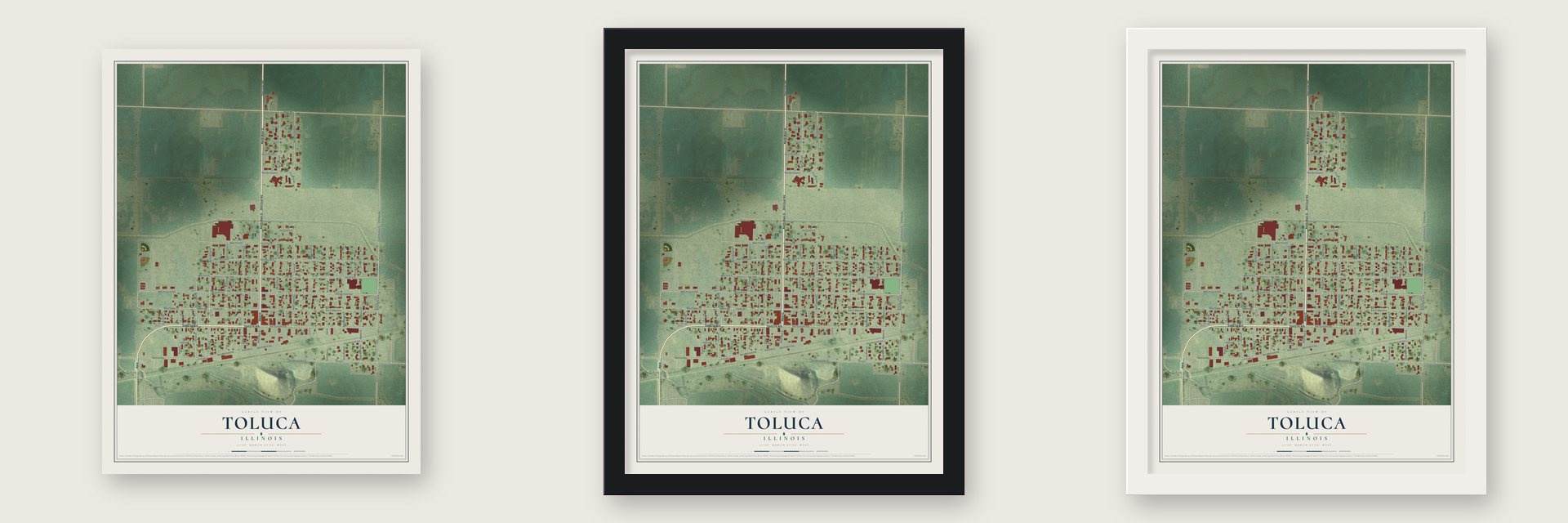 Toluca, Illinois map unframed, in a black wood frame and in a white wood frame