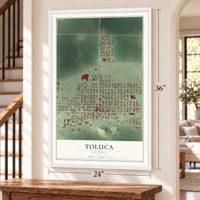 Toluca, Illinois map, 24 x 36 inch print in a white frame by a staircase