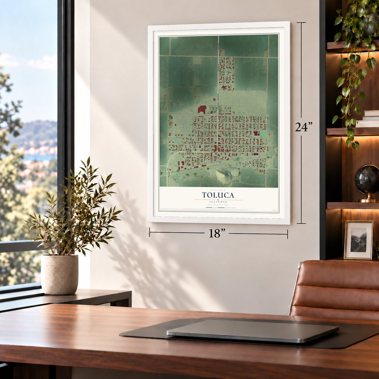 Toluca, Illinois map, 18 x 24 inch print in a white frame in a home office