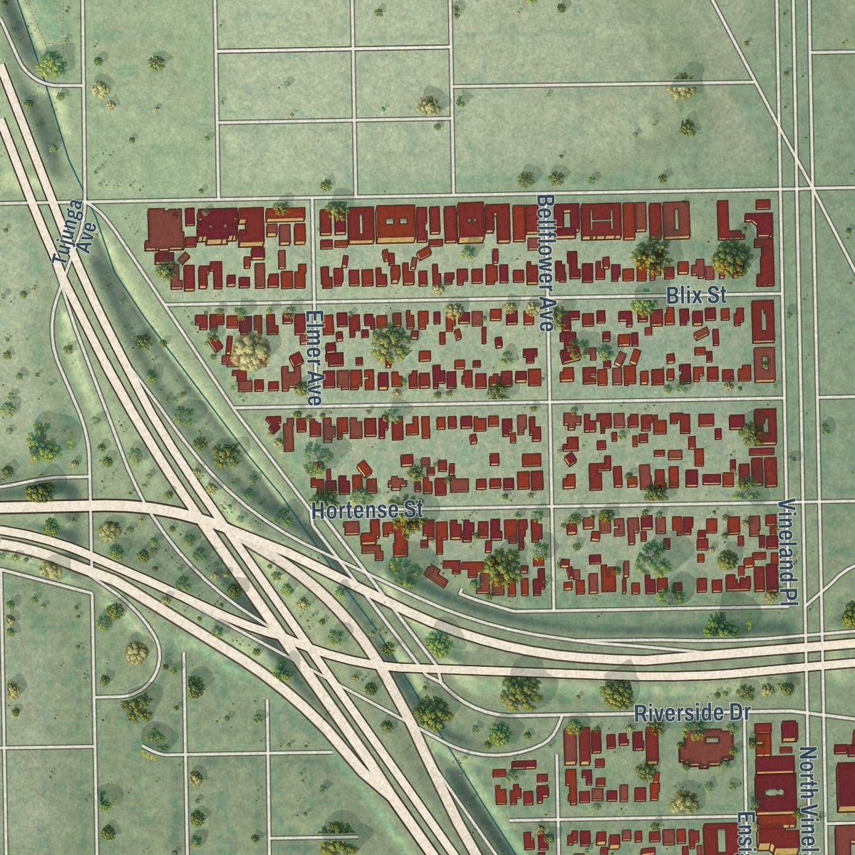 Second close-up of the map of Toluca Lake, California print showing more streets and buildings