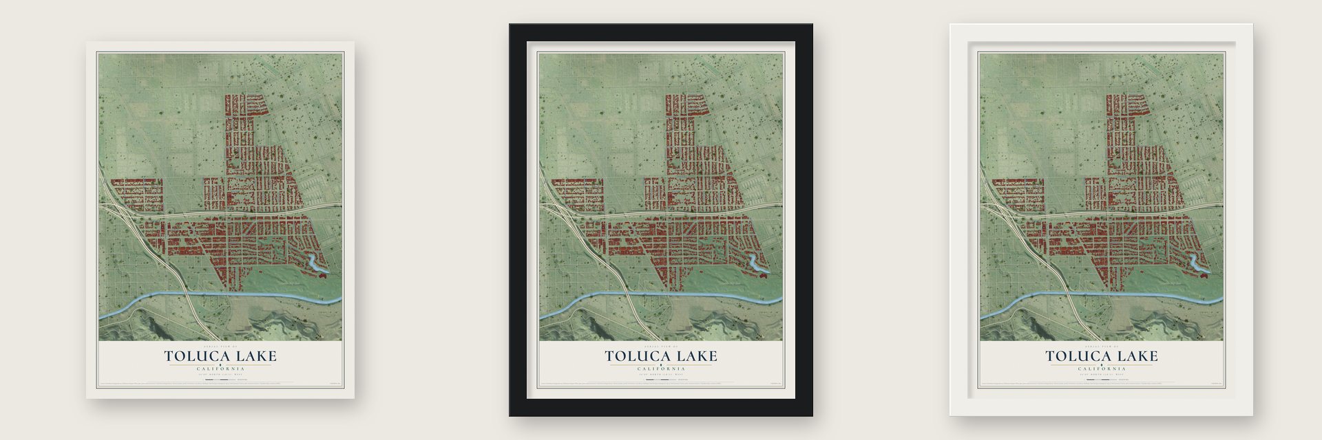 Toluca Lake, California map unframed, in a black wood frame and in a white wood frame