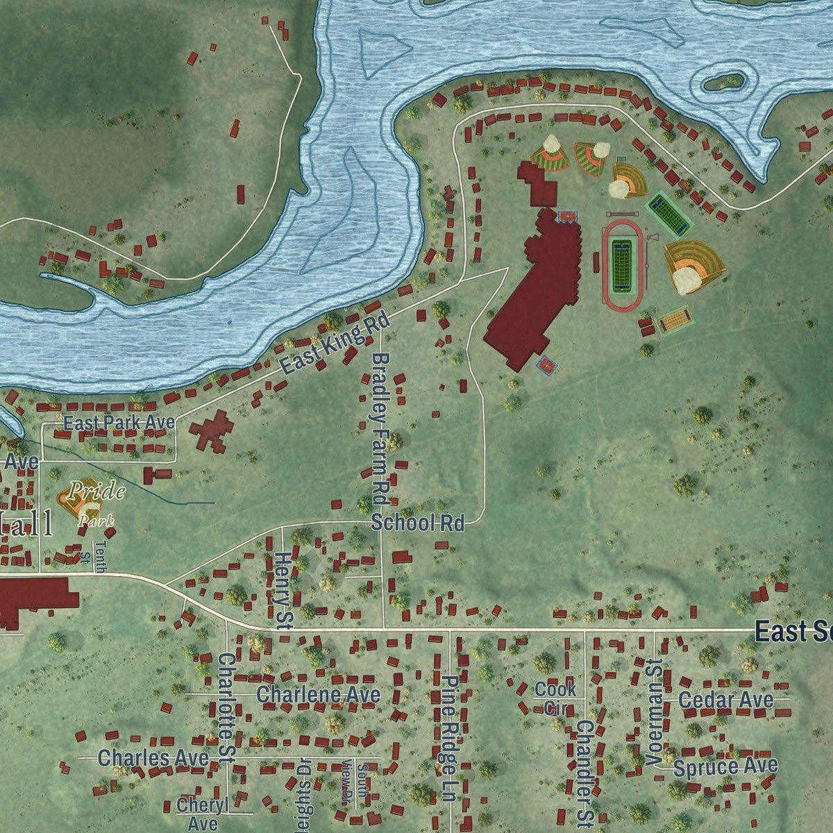 Second close-up of the map of Tomahawk, Wisconsin print showing more streets and buildings