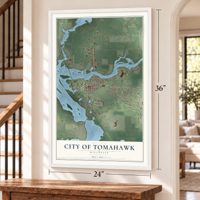 Tomahawk, Wisconsin map, 24 x 36 inch print in a white frame by a staircase
