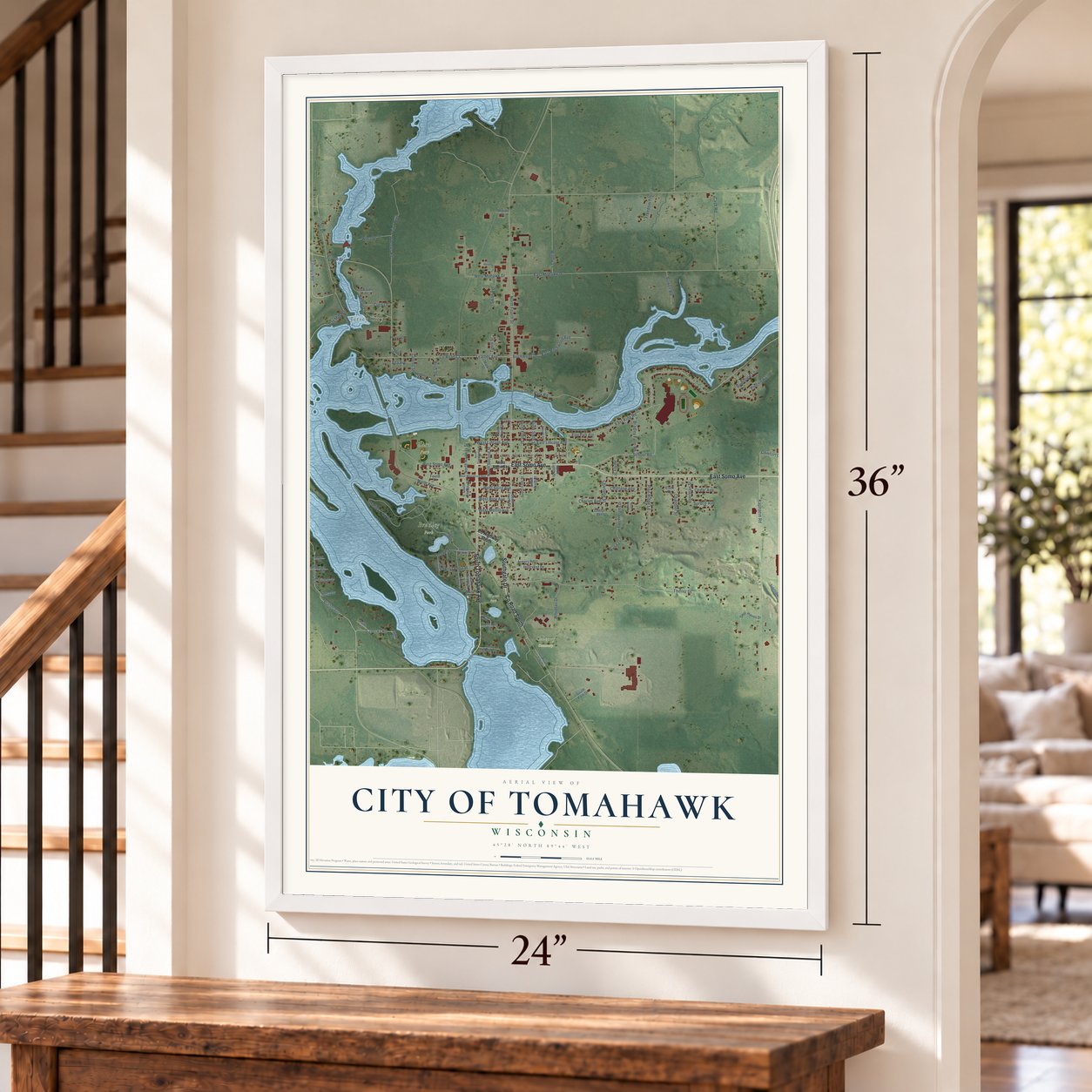 Tomahawk, Wisconsin map, 24 x 36 inch print in a white frame by a staircase