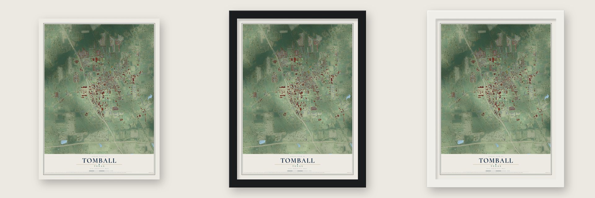 Tomball, Texas map unframed, in a black wood frame and in a white wood frame